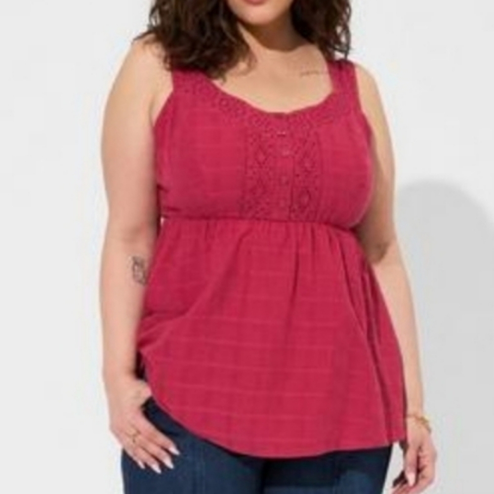 Torrid Pink Babydoll Tank Top Windowpane Lace Trim Cotton Size L / 12 Flowy Cute